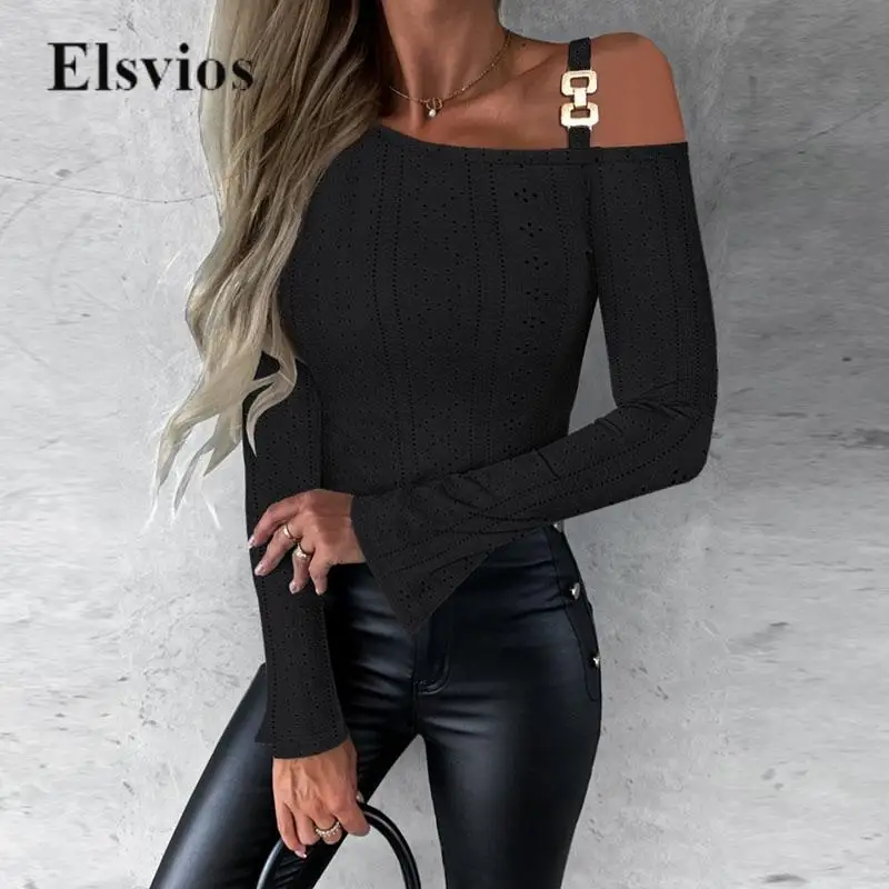 

Sexy Off Shoulder Chain Strap Flare Sleeve Tops Blusa Women Casual Solid Blouse Top Fashion Popular Hollow Out Office Slim Shirt