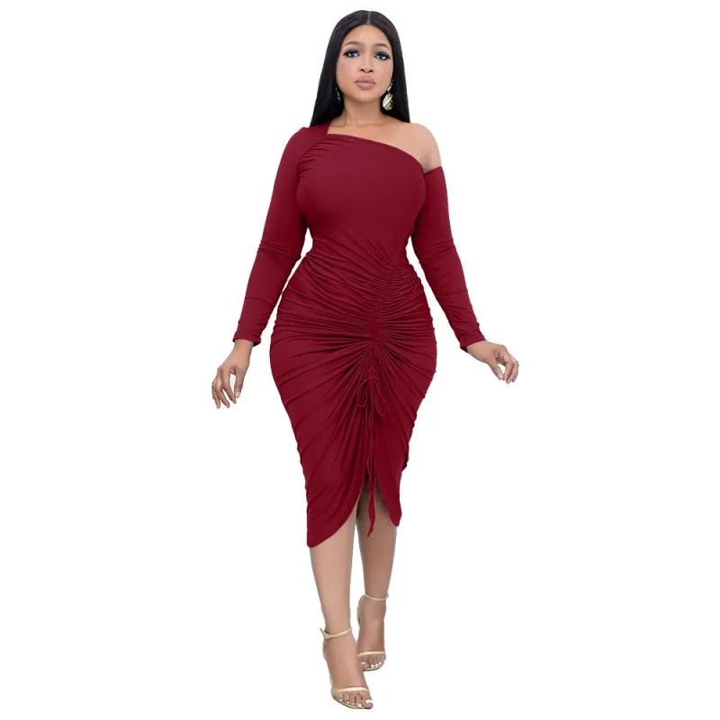 

Slash Neck Long Dress Women Drawstring Draped High Waist Robes Fashion New Solid Street Style Sexy Skinny Long Dresses Vestidos