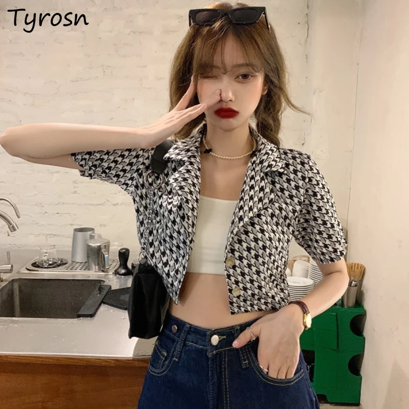 

Houndstooth Blazers Women Crop Sexy All-match Streetwear Personality Stylish Slim Design Leisure Korean Style Ins Hipster Summer
