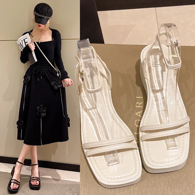 

5CM Thick Bottom Women's Slippers Summer Square Toe Brand PU Sandals Women's Sexy High Heels Beach Sandals Black Elastic