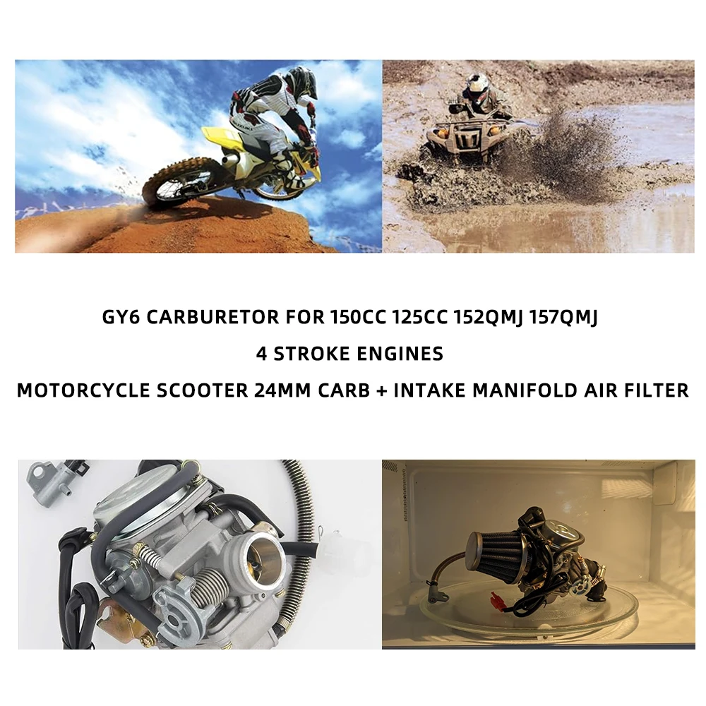 Фото Карбюратор GY6 для 4-тактных двигателей 150cc 125cc 152QMJ 157QMJ, мотоциклов и скутеров, 24 мм + впускной коллектор и воздушный фильтр №1