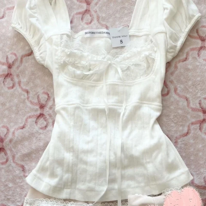 Фото Deeptown Sweet Kawaii белые футболки женские Shoujo модные кокетливые футболки с короткими рукавами и бантом корейский стиль кружевные лоскутные футболки №5