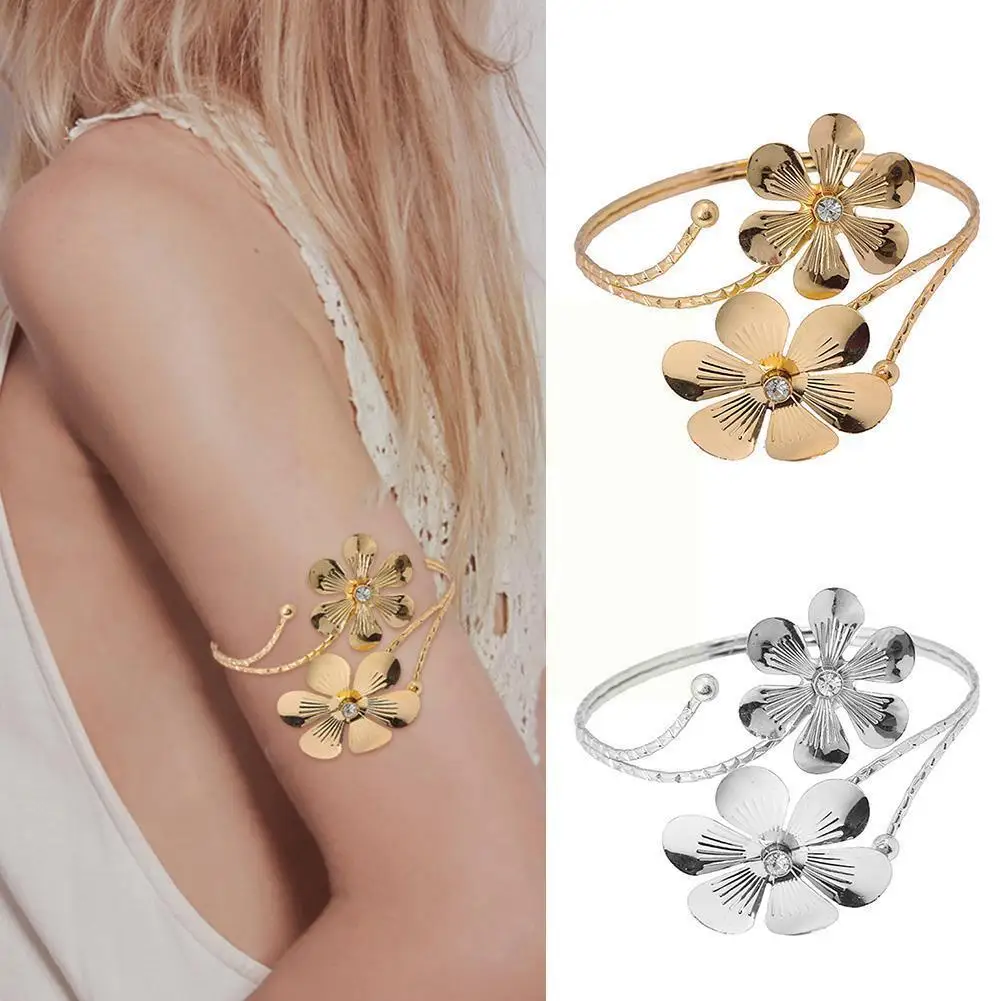 

Bohemian Metal Flower Charm Upper Arm Bracelet Chain Retro Punk Arm Geometric Bracelet Metal Bangle Out Hollow Body Pattern N3z2