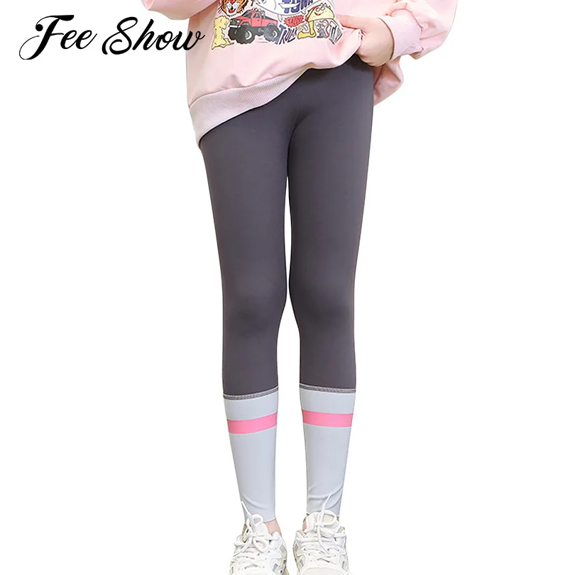 

Kids Girls Color Block High Waist Yoga Leggings Casual Stretchy Skinny Pants Children Elastic Running Sports Training Leggings