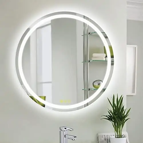 

LED Lighted Bathroom Mirror 24inch Round Bathroom Mirror 3 Colors Light Dimmable Mounted Bathroom Mirror with Lights Smart Anti