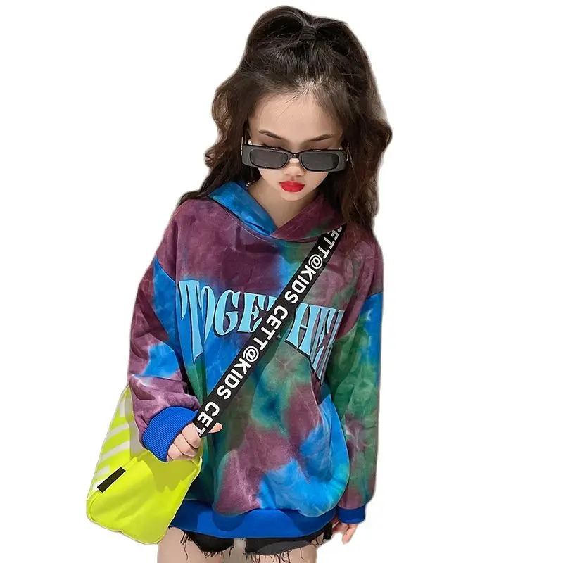 

Kid Clothes for Girls Spring Autumn Hooded Tie-dye Hoodies Fashion New Bottoming Shirt Teenager Letter Print Colorful Top 4-14 Y