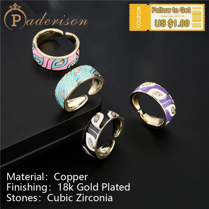 

Vintage Simple Design Enamel Leaves Pattern Opening Ring Retro Zircon Resin Wide Adjustable Ring Copper 18k Gold-plated Jewelry