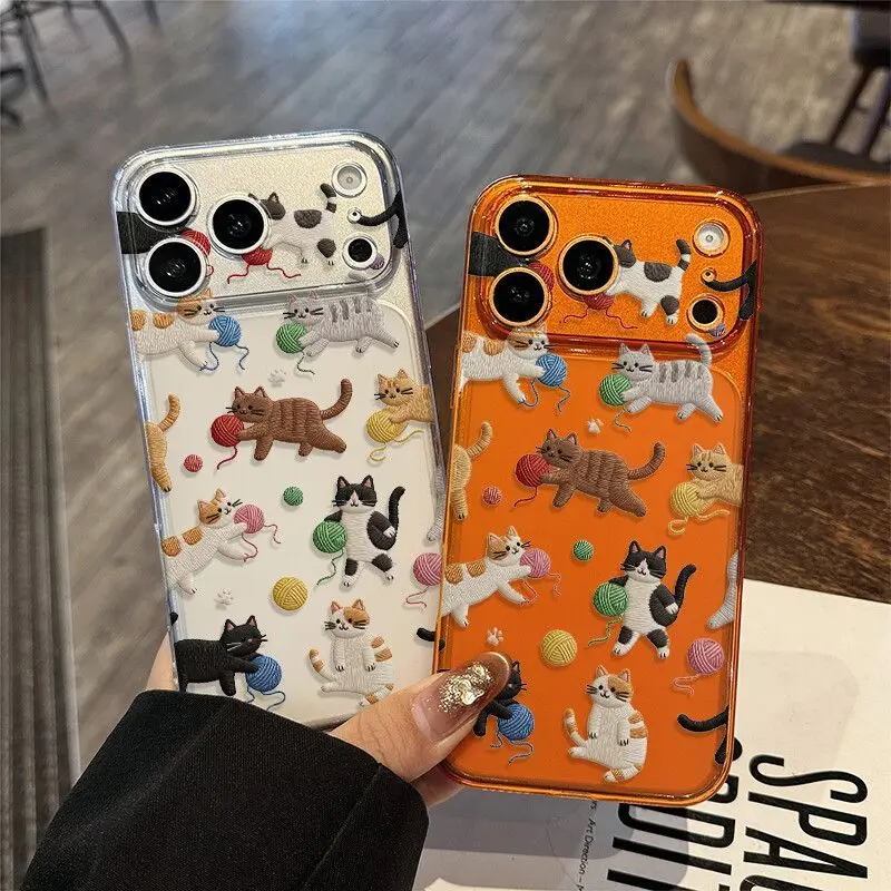 Фото Прозрачный ультратонкий чехол для iPhone 17 16 15 14 13 Pro Max с милым вышитым узором в виде кошки и шарика, матовый, в стиле Y2K №1