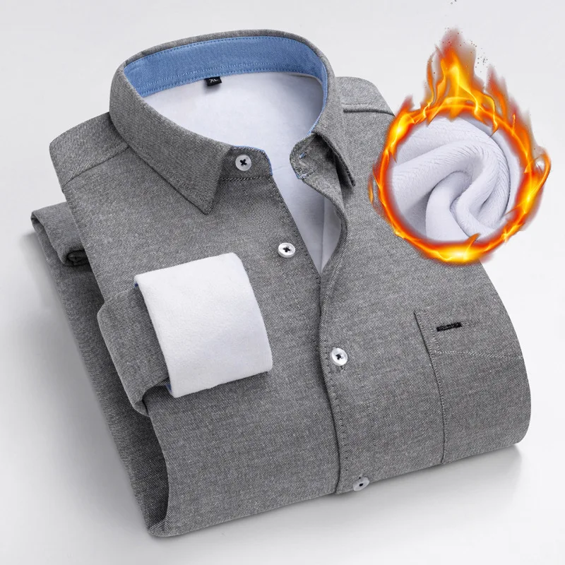Casual Plush Thickened Shirt Warm Keeping Solid Color Business Long Sleeve Shirt Base Coat Winter Men's Solid Color Shirt