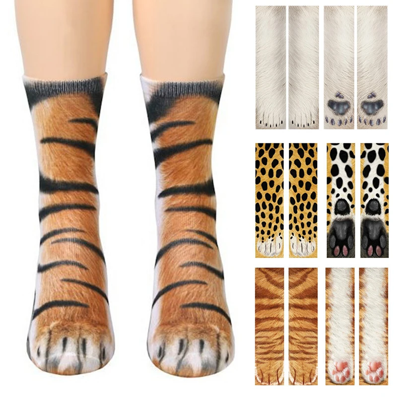 Funny 3D Printed Animal Cat Foot Socks Leopard Tiger Paw Pattern Socks For Child And Adult Unisex Elastic Middle Tube Sock