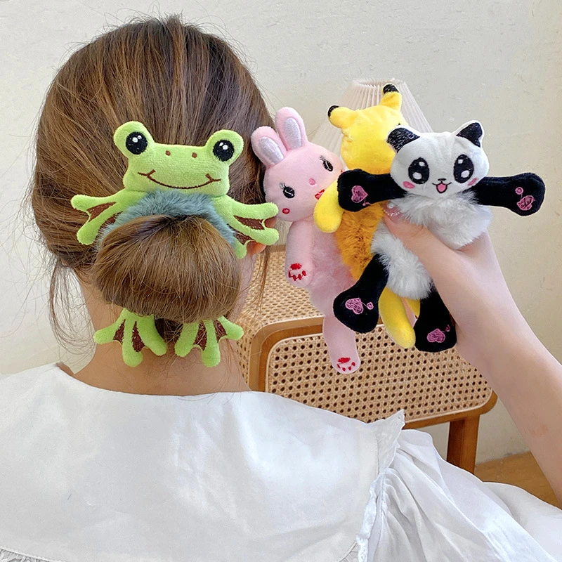 

Plush Hair Band Elastic Accessories New Woman Girl Kids Cute Teddy Bear Frog Cat Rabbit Toy Rope Rubber Ties Animal Scrunchies