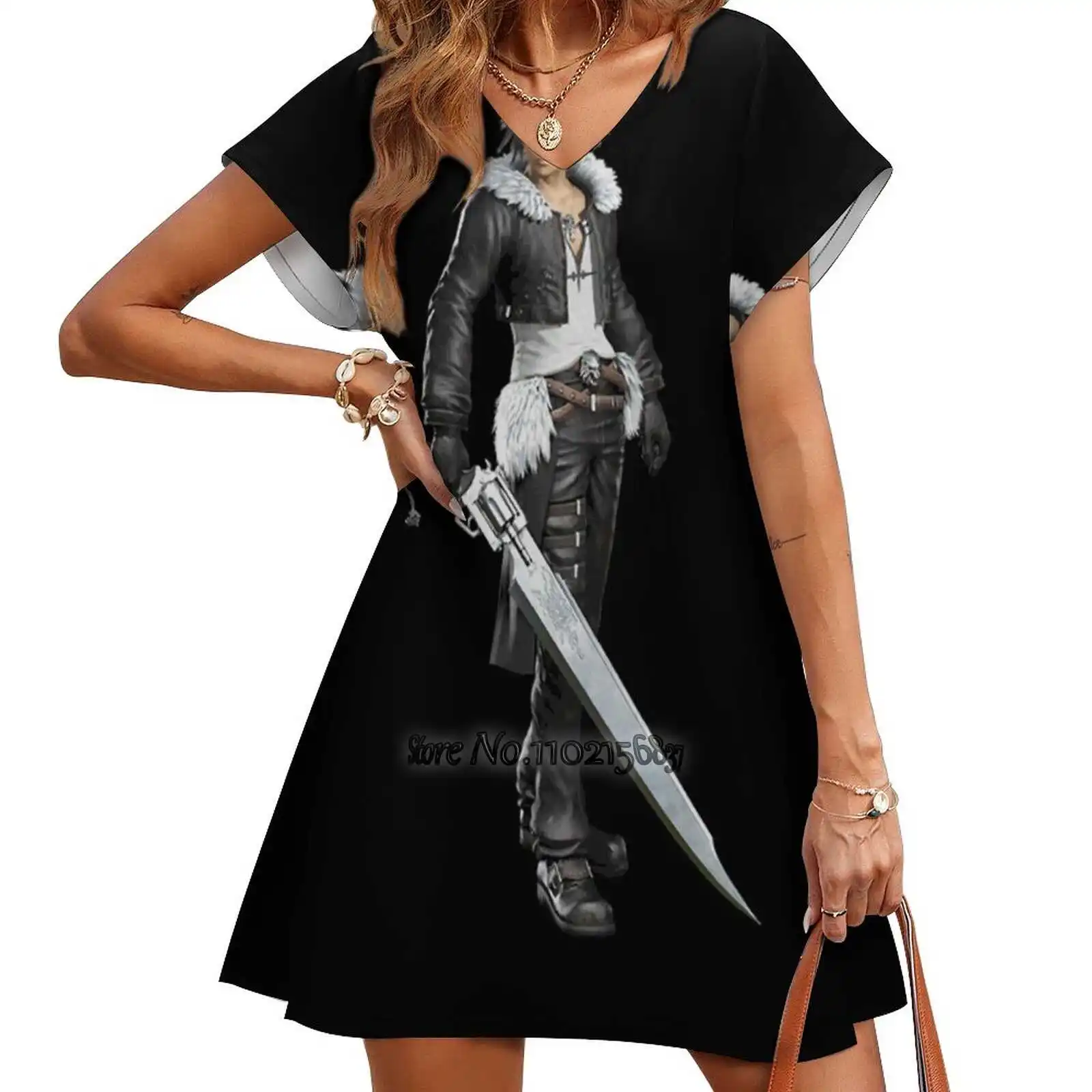 

Женское платье с коротким рукавом, V-образным вырезом и принтом