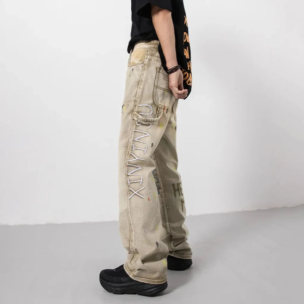American Retro Embroidered Letters Denim Trousers Men's 2023 New High Street Loose Wide-leg Jeans Street Wear Straight-leg Pants