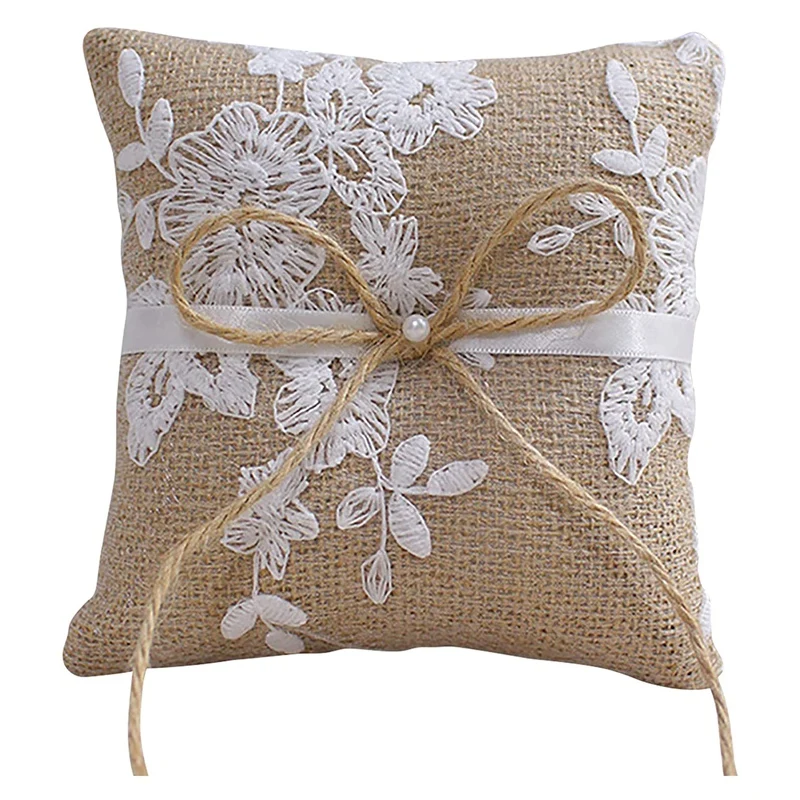 

Lace Bow Ring Pillow Vintage European Style for Wedding Engagement Decoration Jute Ring Bearer Pillow Cushion