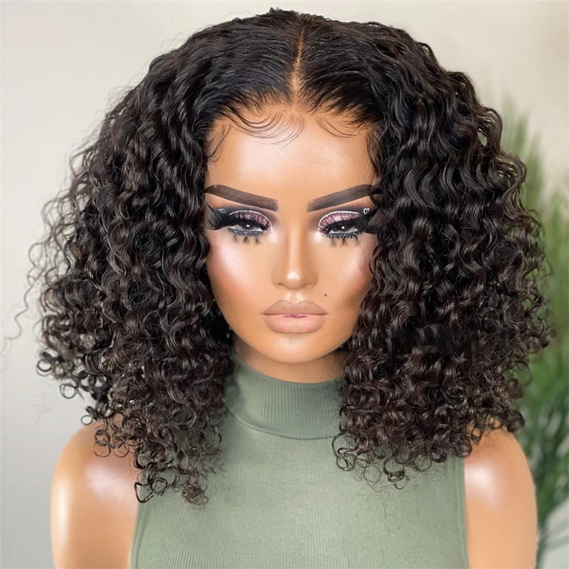 

Blunt Short Bob Glueless Soft 180 Density Preplucked Kinky Curly Natural Black Lace Front Wig For Black Women Babyhair Cosplay