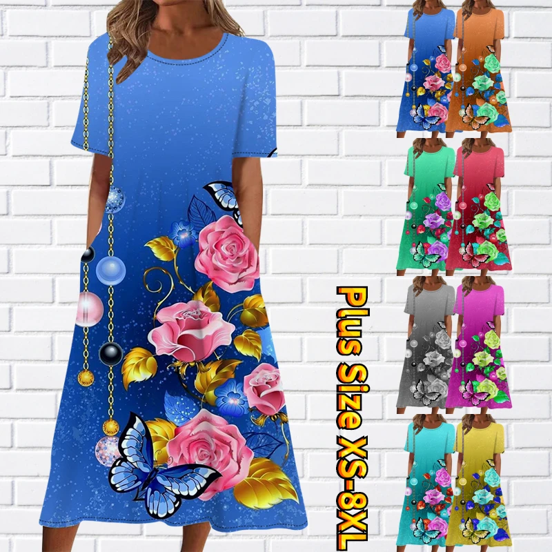 

Женское платье с круглым вырезом, коротким рукавом и карманами