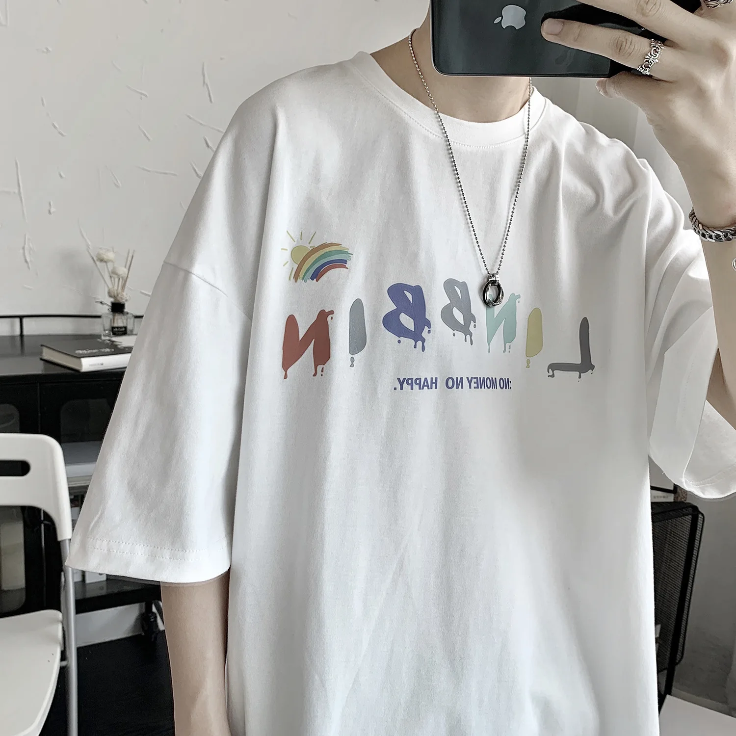 

Новинка лета 2022, Мужская футболка с радужным алфавитом и коротким рукавом, Мужская популярная трендовая свободная одежда в стиле ins, ветер, Х...