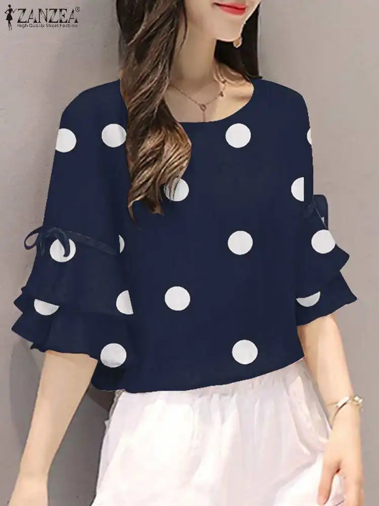 

2023 ZANZEA Spring Summer Women Blouses White Shirt Polka Dots Printed Flounce Half Sleeve Blusas Lace-Up Tunic Casual Tops