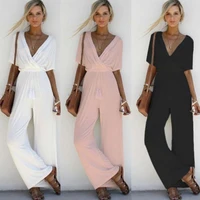 summer loose casual solid fashion trousers romper jumpsuit women ladies sexy deep v neck short sleeve bodycon jumpsuit
