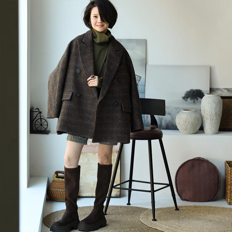 W90510 Литературный ретро британский клетчатый стильный костюм из чистой шерсти