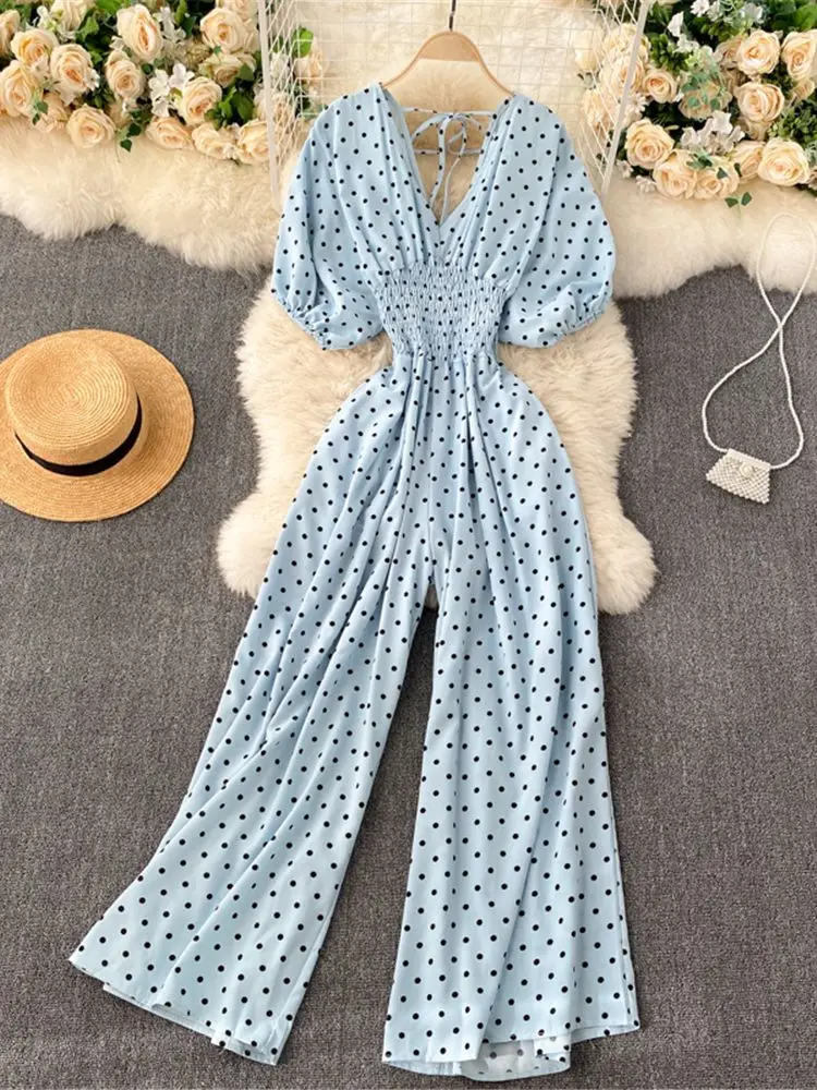 Женский комбинезон в горошек повседневный с V-образным вырезом и коротким