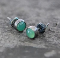 ethnic round green stone stud earrings for women vintage silver color metal party earrings jewelry