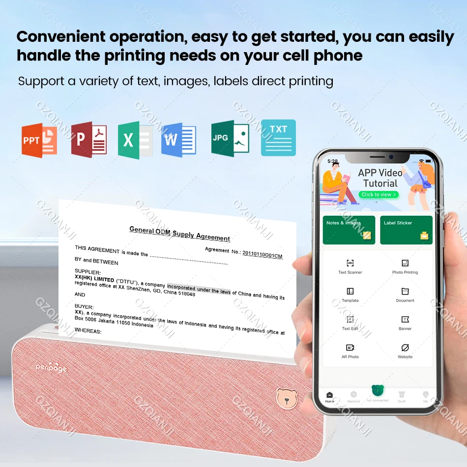 Переносная термопринтер мобильных фотографий и документов Peripage A4 с беспроводным подключением Bluetooth и бумагой формата A40.