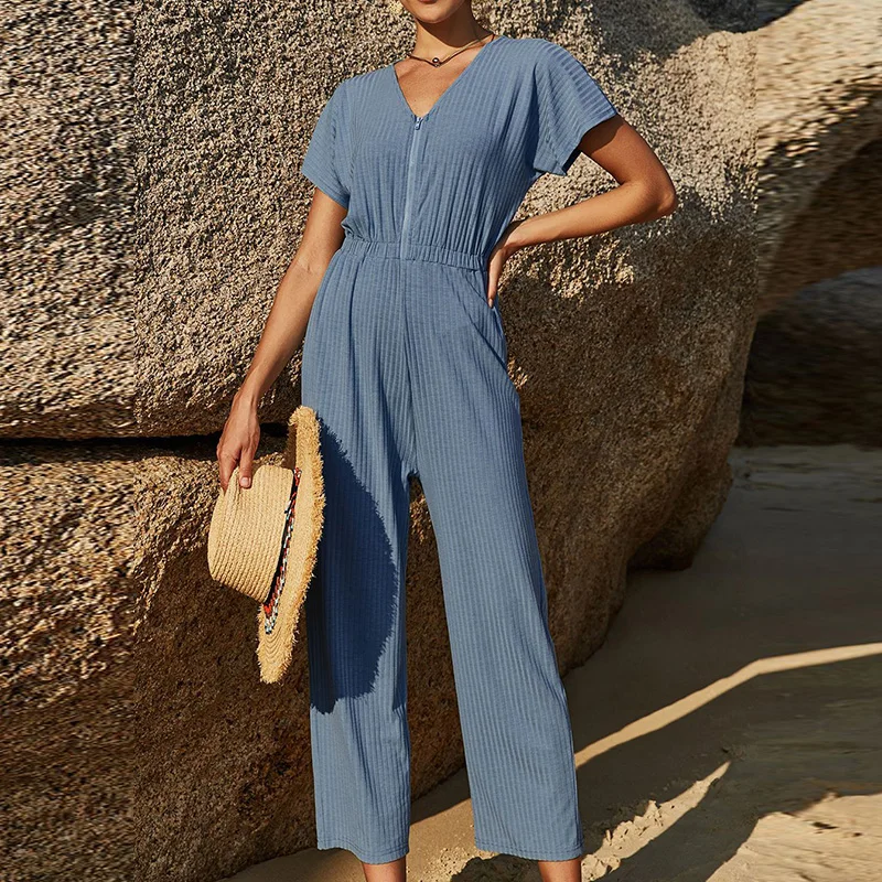 

Beach Summer Breathable Overall 2023 Casual Female Short Sleeve Zip V-neck Jumpsuit Women Solid Striped High Waist One Piece
