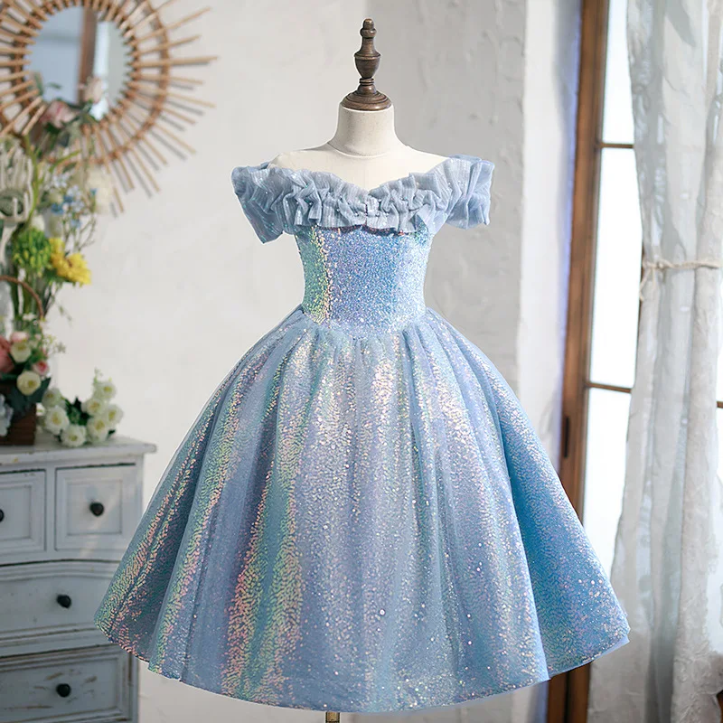 

2023 First Communion Girl Dress Luxury Blue Princess Dresses for Girls Elegant Party Teens Sequined Off Shoulder Ball Gown Gala