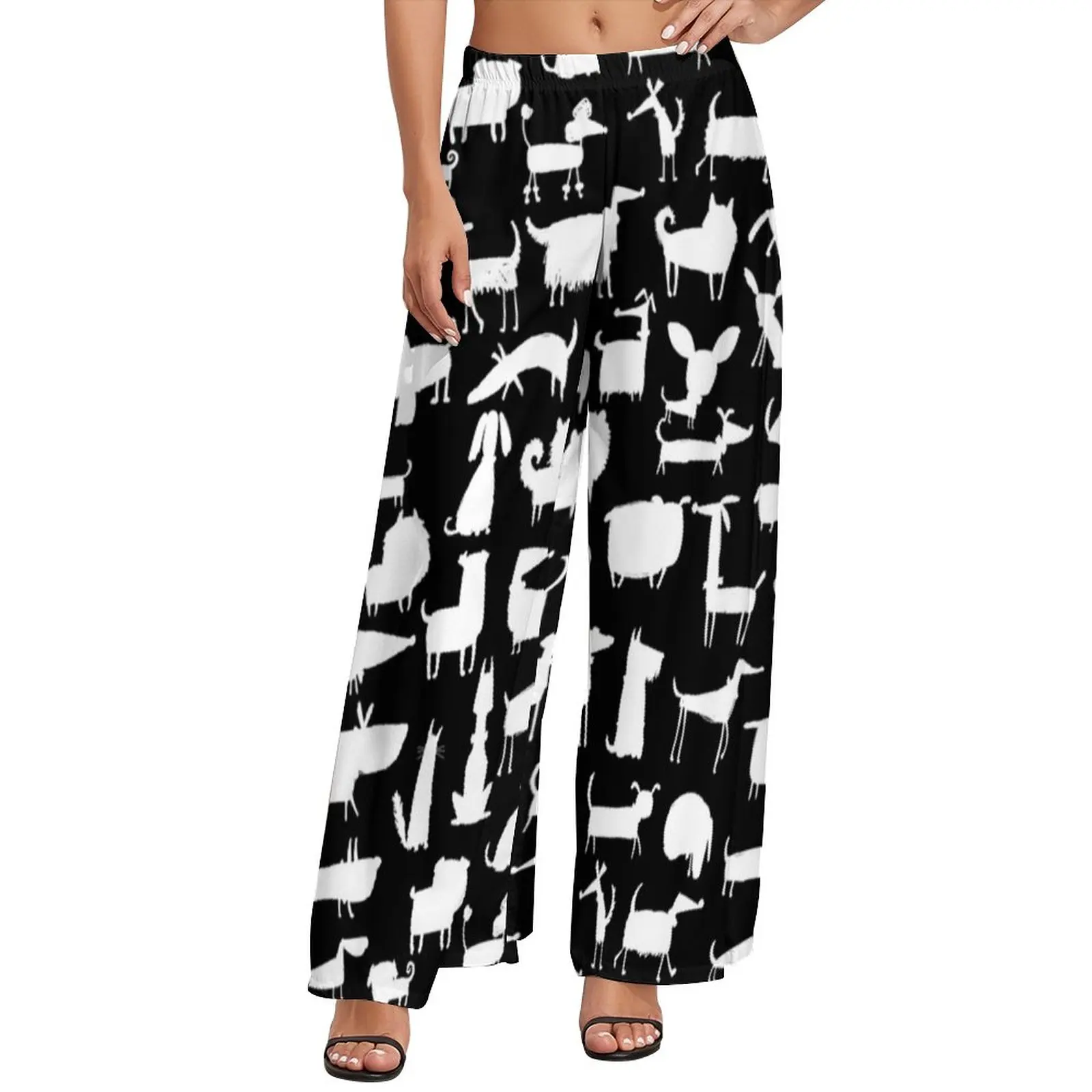 

White Animal Silhouette Straight Pants Dogs Print Casual Wide Pants Woman Oversize Streetwear Graphic Trousers