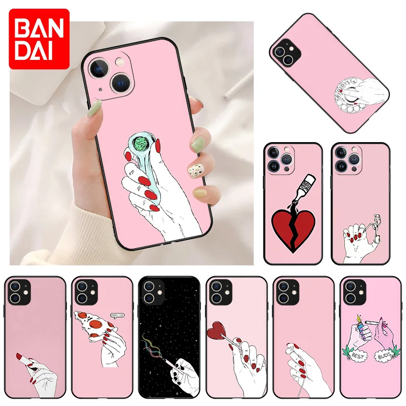 

Soft Phone Case For iPhone 13 11 12 Pro Max Mini XR XS SE X 8 7 6s Plus Cartoon Pink Hand Gesture Shockproof Bumper Black Cover