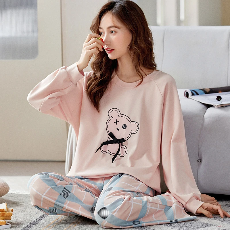 CAIYIER 2022 Flower Cotton Nightwear Cute O-Neck Simple Casual Pajamas Set Autumn Winter Soft Underwear Sleepwear Home Clothing