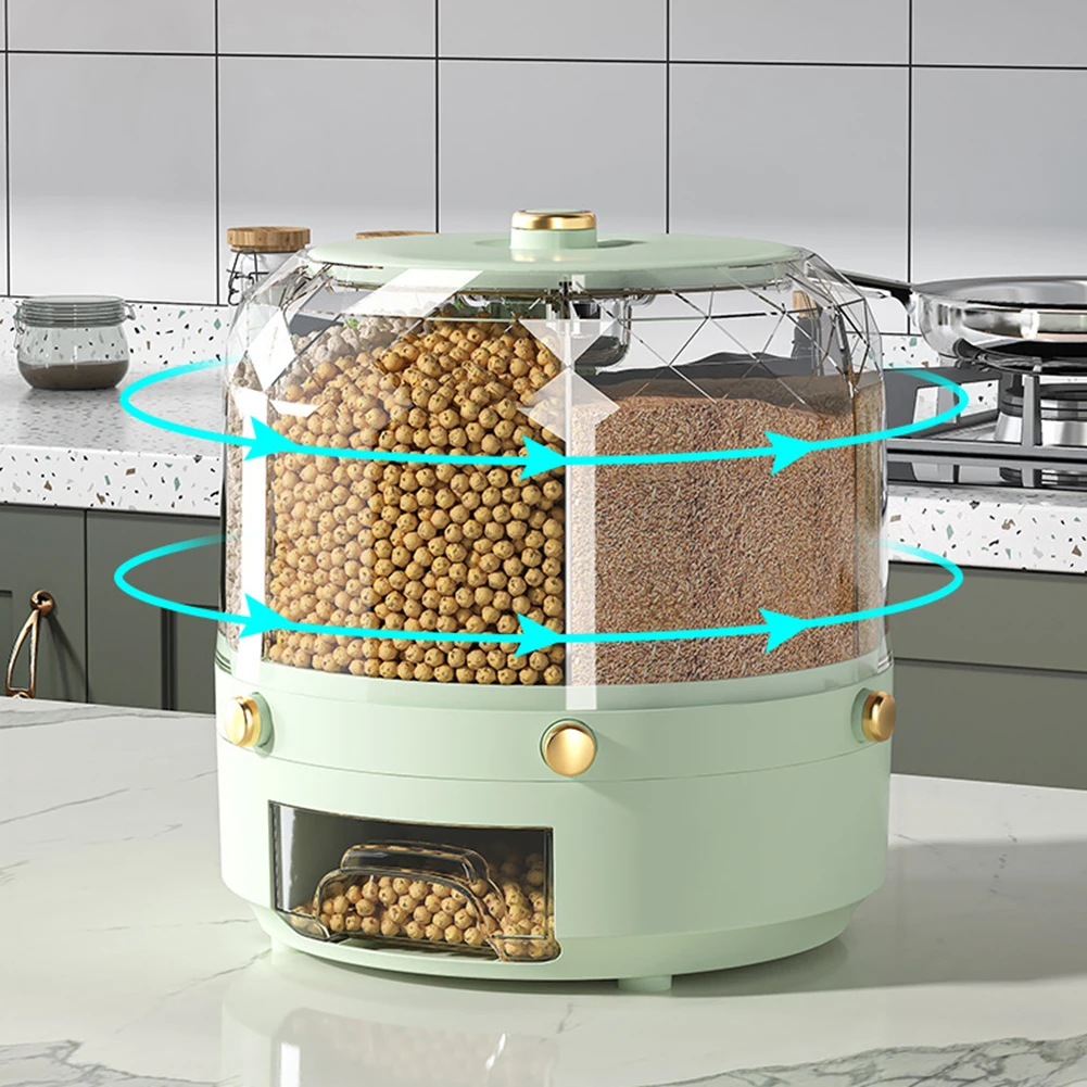 

6-Grid Cereal Storage Box 360 Rotating Dry Food Organizer Moisture-proof Grains Sorting Storage Jars Dust-proof Kitchen Supplies