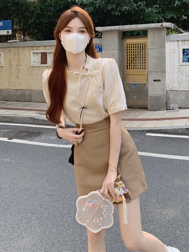

Женский комплект из двух предметов, милый элегантный офисный костюм с топом с коротким рукавом и юбкой в Корейском стиле, одежда для улицы, лето 2023