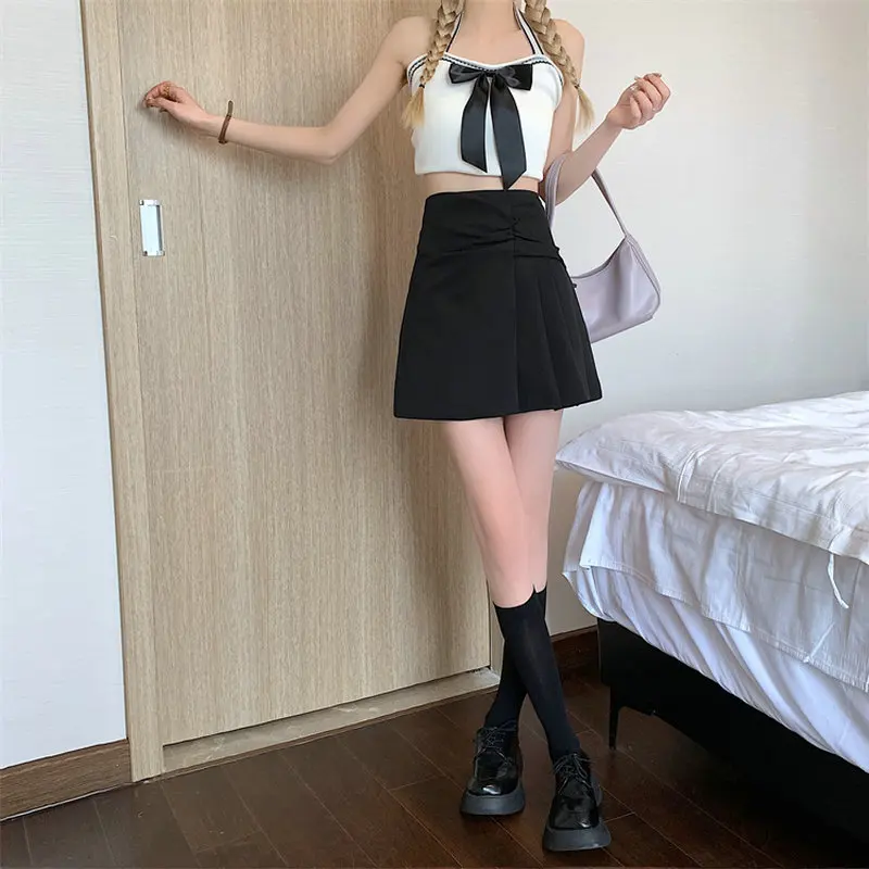 

Women's A-Line High Waist Thin Pleated Skirt, New Casual Preppy Style, Asymmetrical Hip Skirt, Summer, Black, 2022