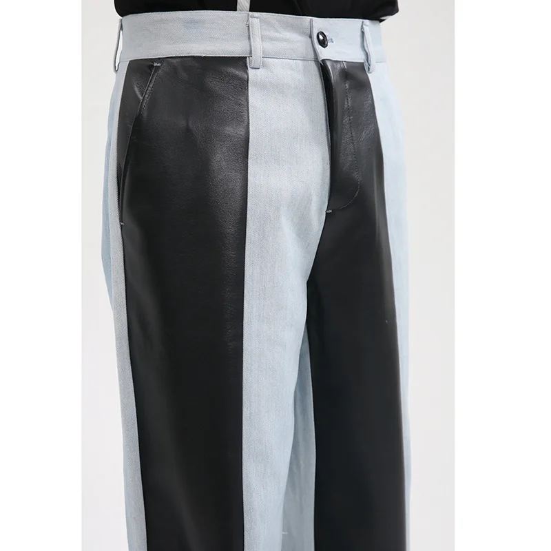 Men Clothing New Pattern Recreational Vintage Broad Leg Jeans Straight Cylinder Loose Leather Surface Splice Pants Autumn Female