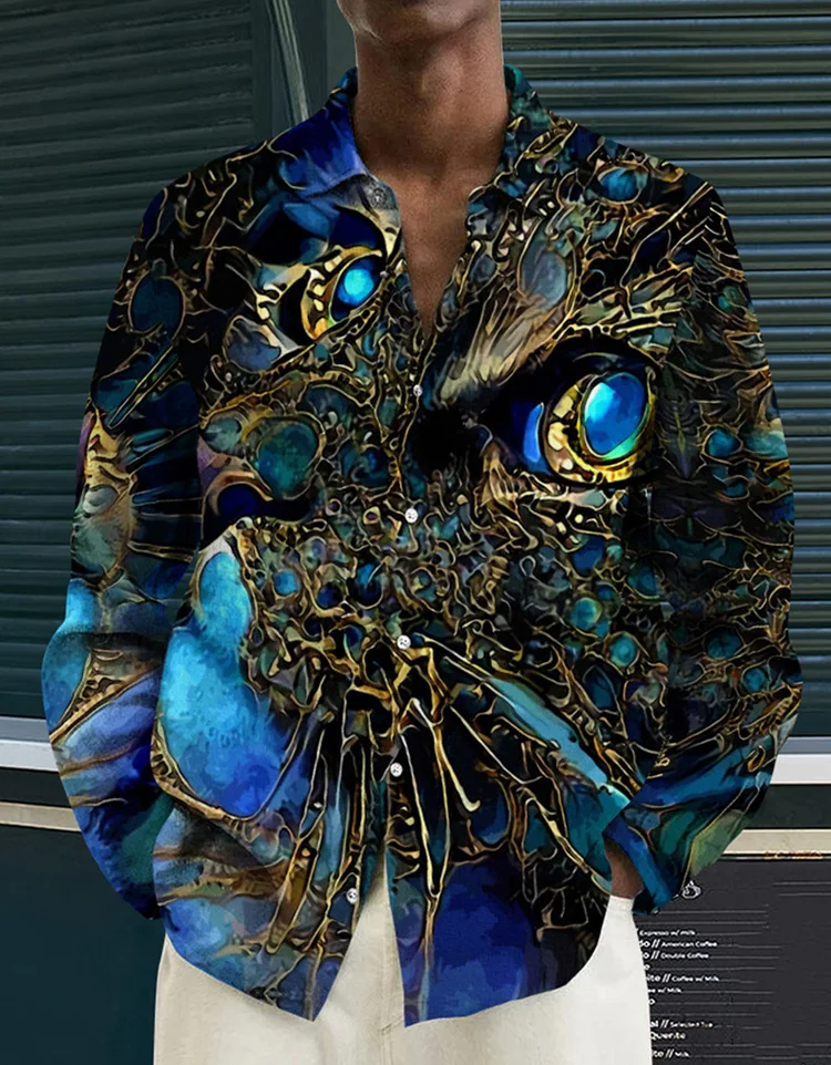 

Men's Autumn Polyester Long Sleeve Shirt Print Casual Male Top Turn-down Collar Buttoned shirts Clothes Blouse Clothing For Men
