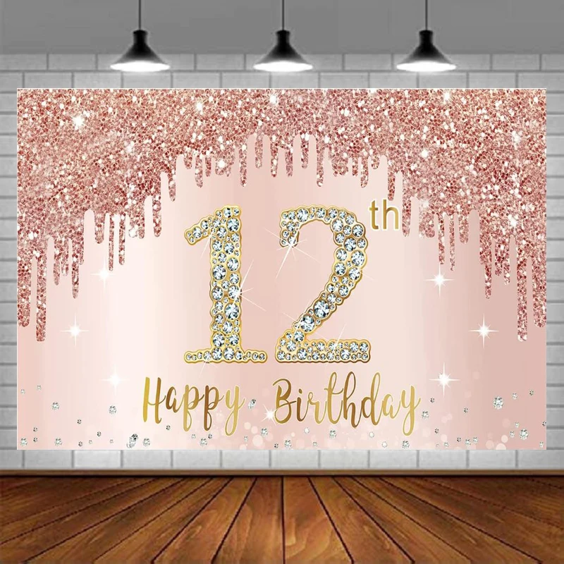 

Фон для фотосъемки розовое золото розовый 12 лет День рождения Праздничный фон баннер товары для девочек знак декор плакат