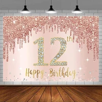 Photography Backdrop Rose Gold Pink 12 Year Old 12th Birthday Party Background Banner Supplies For Girls Sign Poster Decor