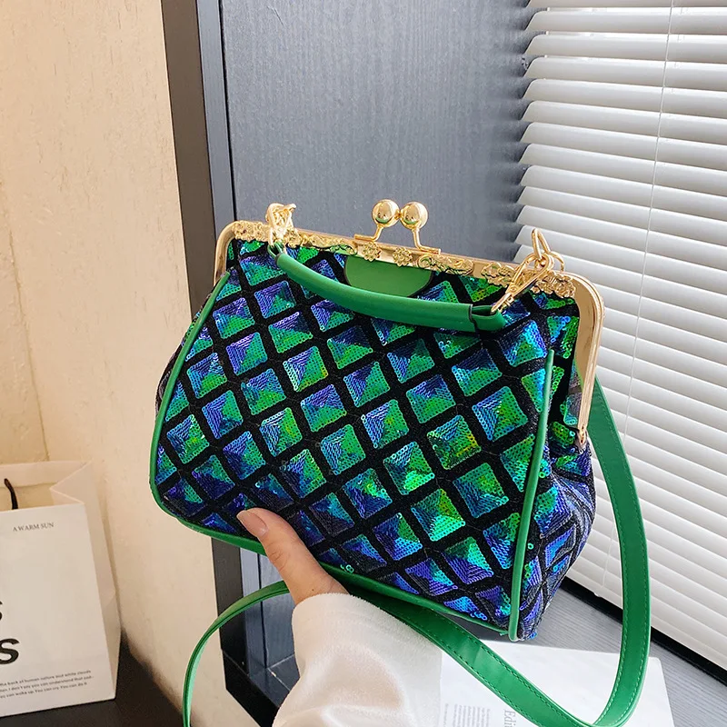 

Luxury Women's Box Lingge Shoulder Bag Fashion Sequins Laides Crossbody Bag High Quality Square Green Female Purses and Handbags