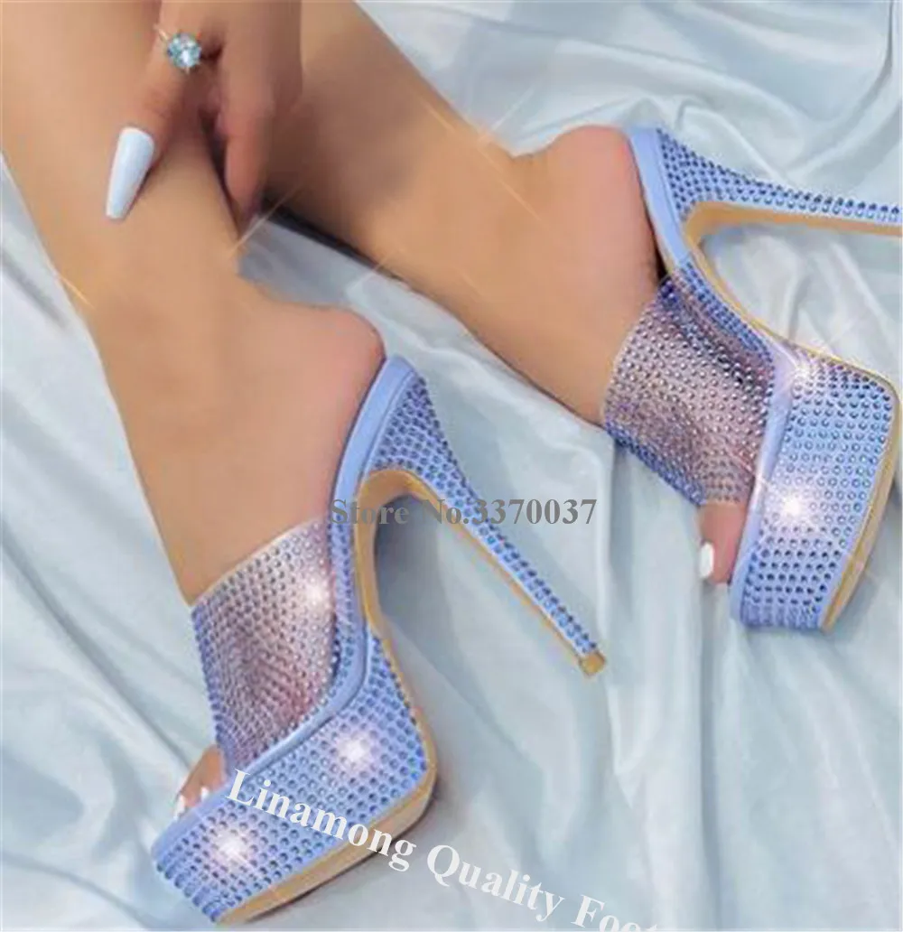 Linamong Crystals PVC Thin Heel Slippers Bling Bling Peep Toe Transparent Rhinestones High Platform Stiletto Heel Sandals