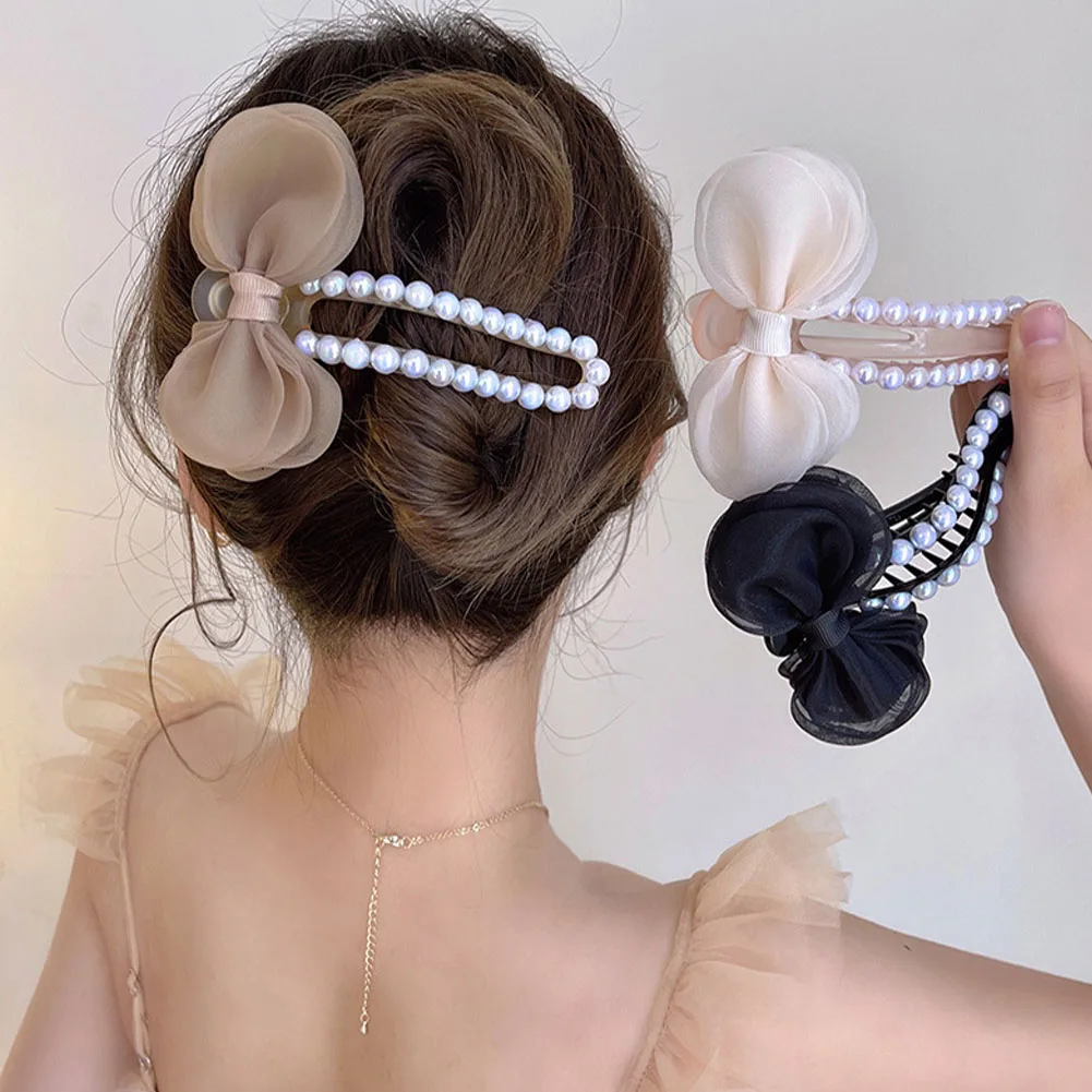 

Korean Bow Large Hair Clips Women Girl Hair Accesories Fashion Color Pearl Acrylic Hairpins Toothed Non-slip Duckbill Barrette