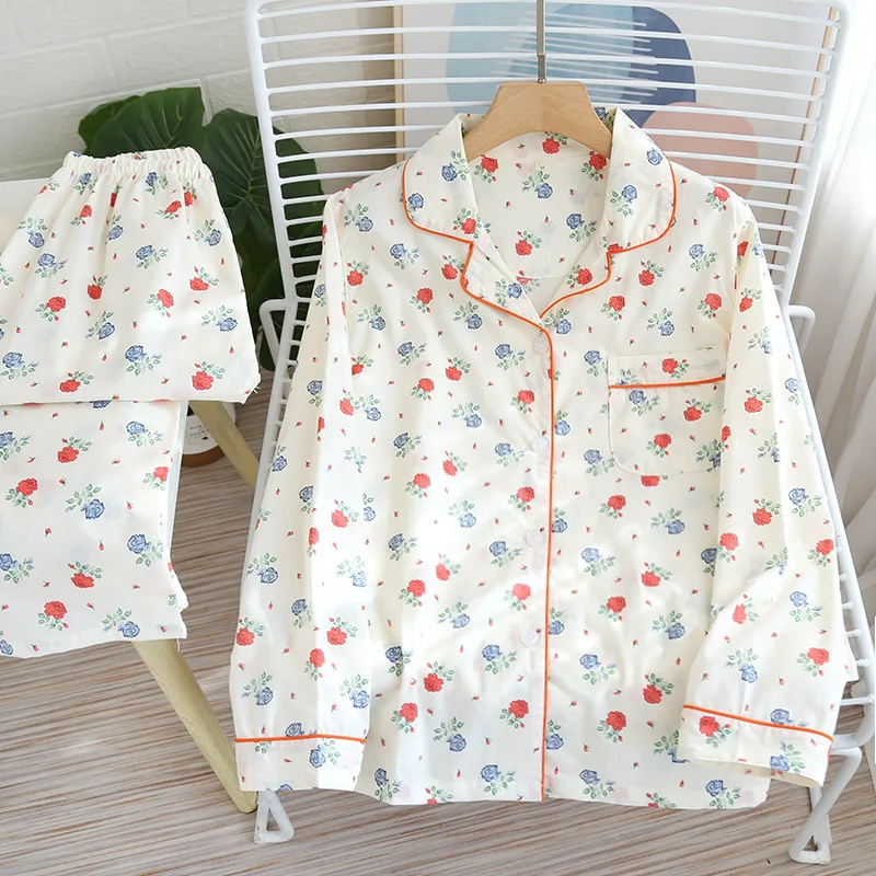 

Spring/Autumn Women Cotton Pajamas Four Seasons Thin Long-sleeved Suit Plain Cloth Floral Middle-aged Elderly Living Clothes New