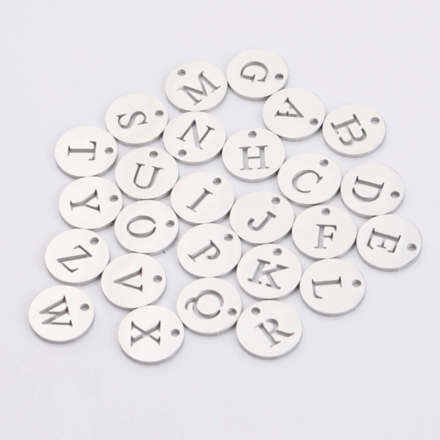 

12mm Round Stainless Steel Alphabet Charms A-Z 26 Initials Name Mirror Beads Pendants for Handmade Necklace Bracelet DIY Jewelry