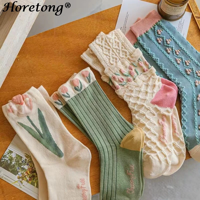Horetong 4 пары женских цветов в стиле ретро и колледжа милые удобные носки средней