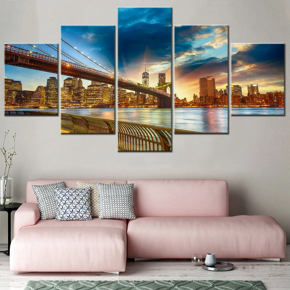 

5 Panel New York City Bridge Night View Canvas Printing Modern Poster Wall Art Home Decor Bedroom Decoration Paintings Picture
