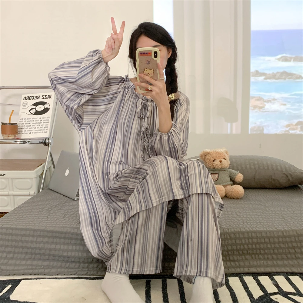 CAIYIER Soft Korean Stripe Women Pajamas Set Autumn Winter Longer Coat + Long Pants Nightwear Two Piece Set Pyjamas Loungewear