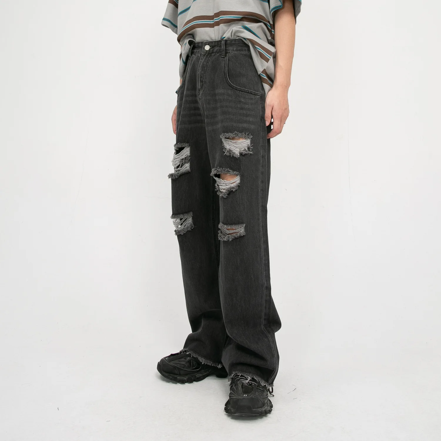 Джинсы мужские прямые свободные повседневные потертые широкие брюки из денима