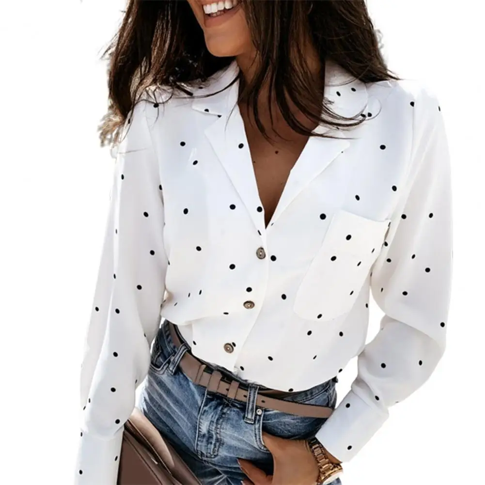 

Ladies Dot Printing Shirt Turn Down Collar Long Sleeve Blouse All-match Cardigan Women Commute Spring Blouse for Daily