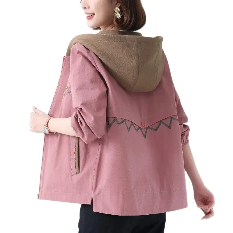 

Cotton Ladies Short Jacket Hooded 2022 Spring New Fashion Middle-Aged Mom Casual Embroidery Small Spring Windbreaker M1141